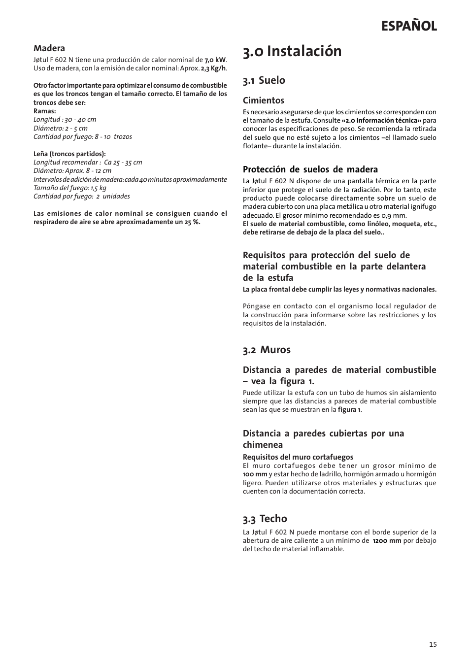 0 instalación, Español, 1 suelo | 2 muros, 3 techo | Jotul F602N User Manual | Page 15 / 44