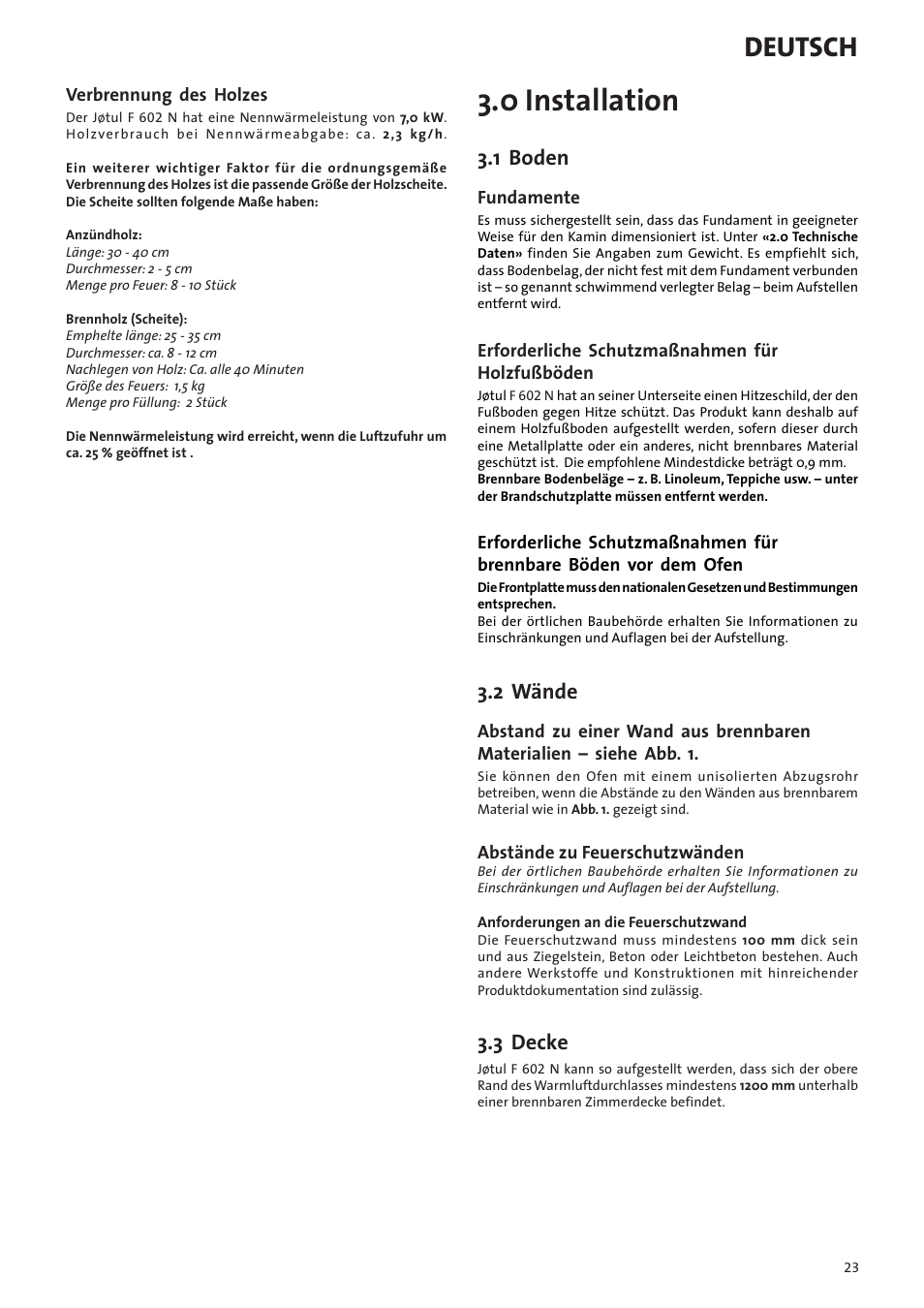 0 installation, Deutsch, 1 boden | 2 wände, 3 decke | Jotul F602N User Manual | Page 23 / 44