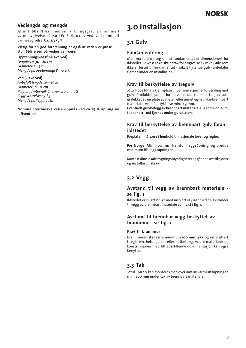 0 installasjon, Norsk, 1 gulv | 2 vegg, 3 tak | Jotul F602N User Manual | Page 3 / 44
