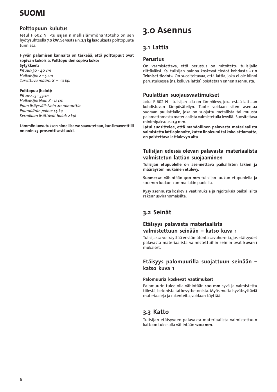 0 asennus, Suomi, 1 lattia | 2 seinät, 3 katto | Jotul F602N User Manual | Page 6 / 44