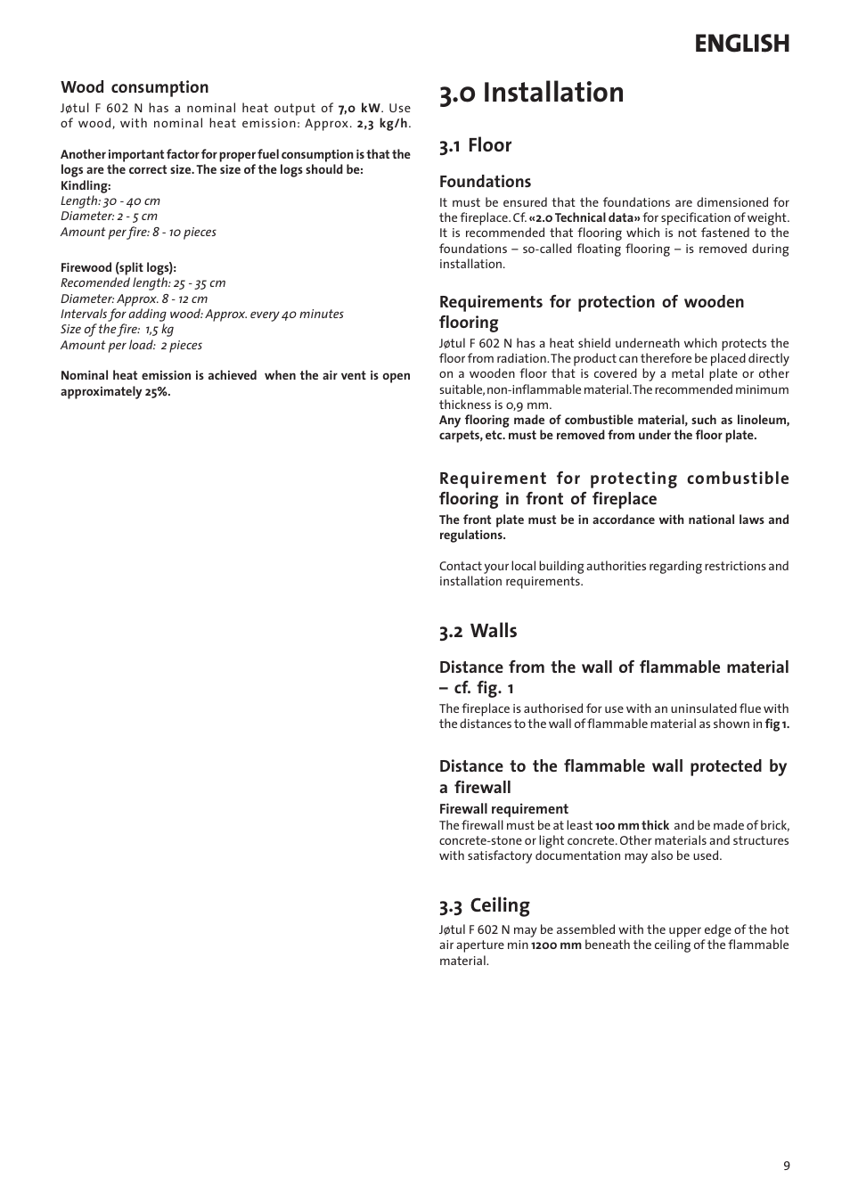 0 installation, English, 1 floor | 2 walls, 3 ceiling | Jotul F602N User Manual | Page 9 / 44