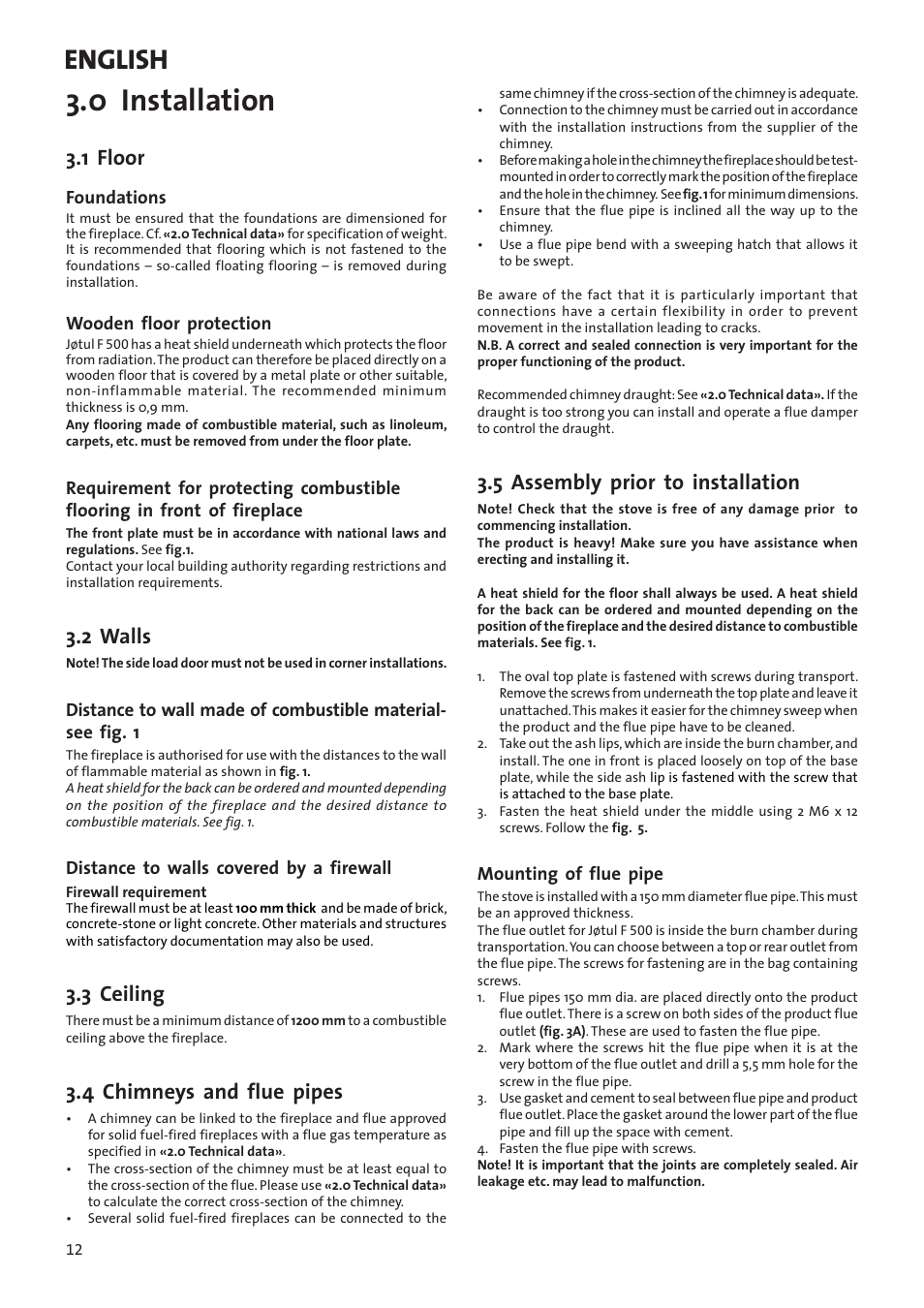 0 installation, English, 1 floor | 2 walls, 3 ceiling, 4 chimneys and flue pipes, 5 assembly prior to installation | Jotul F500 User Manual | Page 12 / 40