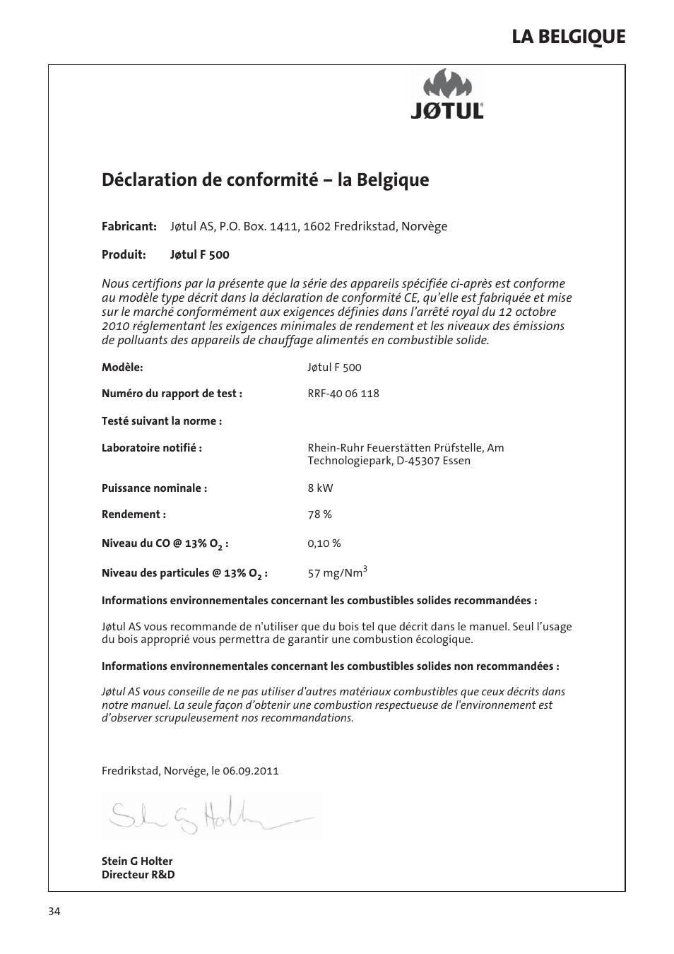 La belgique, Déclaration de conformité – la belgique | Jotul F500 User Manual | Page 34 / 40