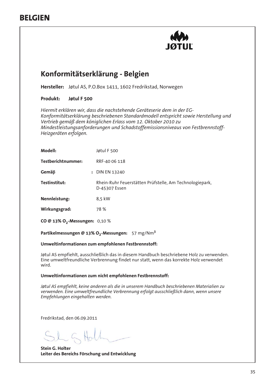 Belgien, Konformitätserklärung - belgien | Jotul F500 User Manual | Page 35 / 40