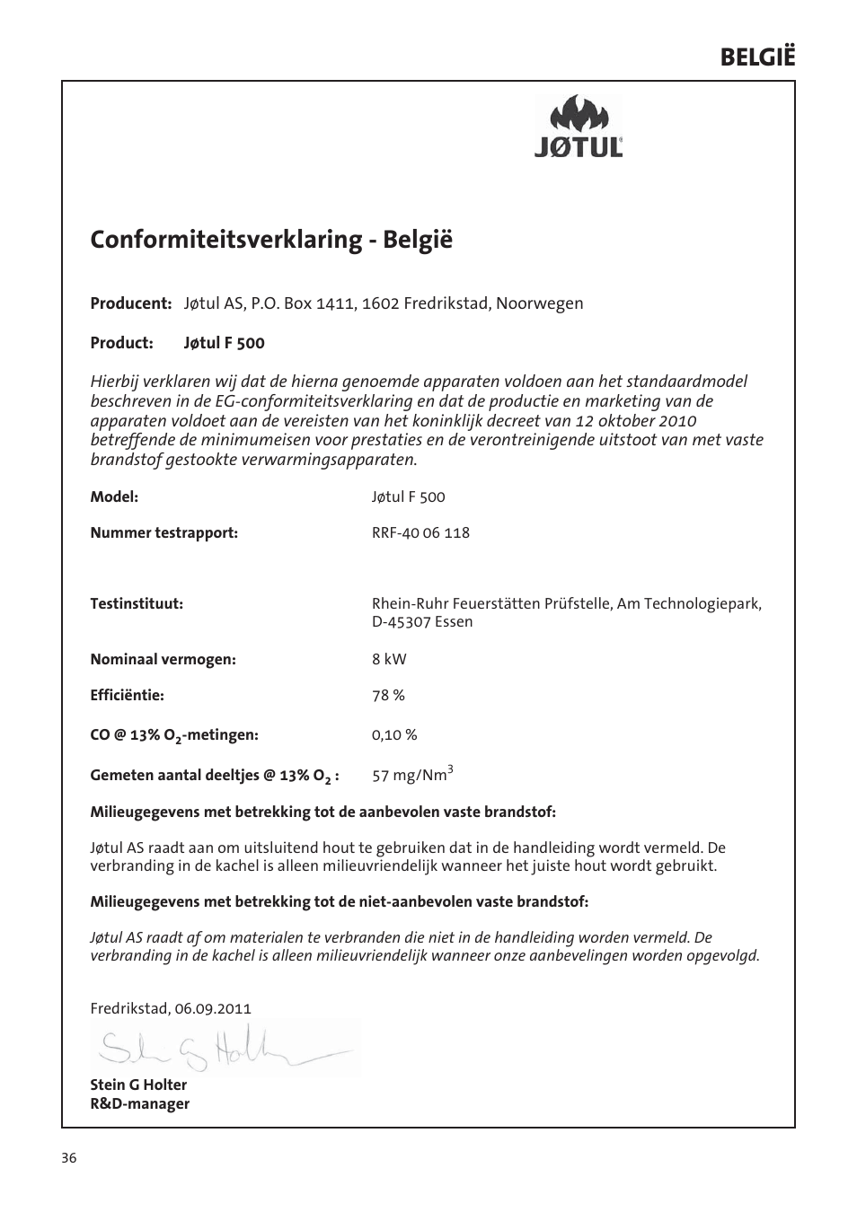 België conformiteitsverklaring - belgië | Jotul F500 User Manual | Page 36 / 40