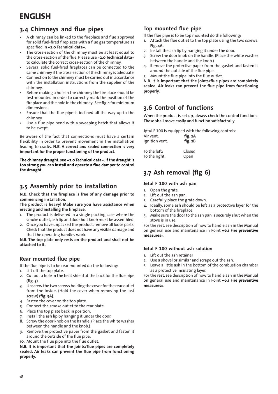English, 4 chimneys and flue pipes, 5 assembly prior to installation | 6 control of functions, 7 ash removal (fig 6), Rear mounted flue pipe, Top mounted flue pipe | Jotul F100 User Manual | Page 18 / 44