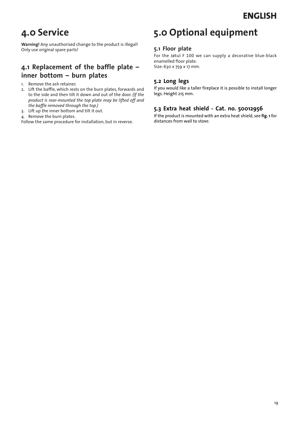 0 service, 0 optional equipment, English | Jotul F100 User Manual | Page 19 / 44