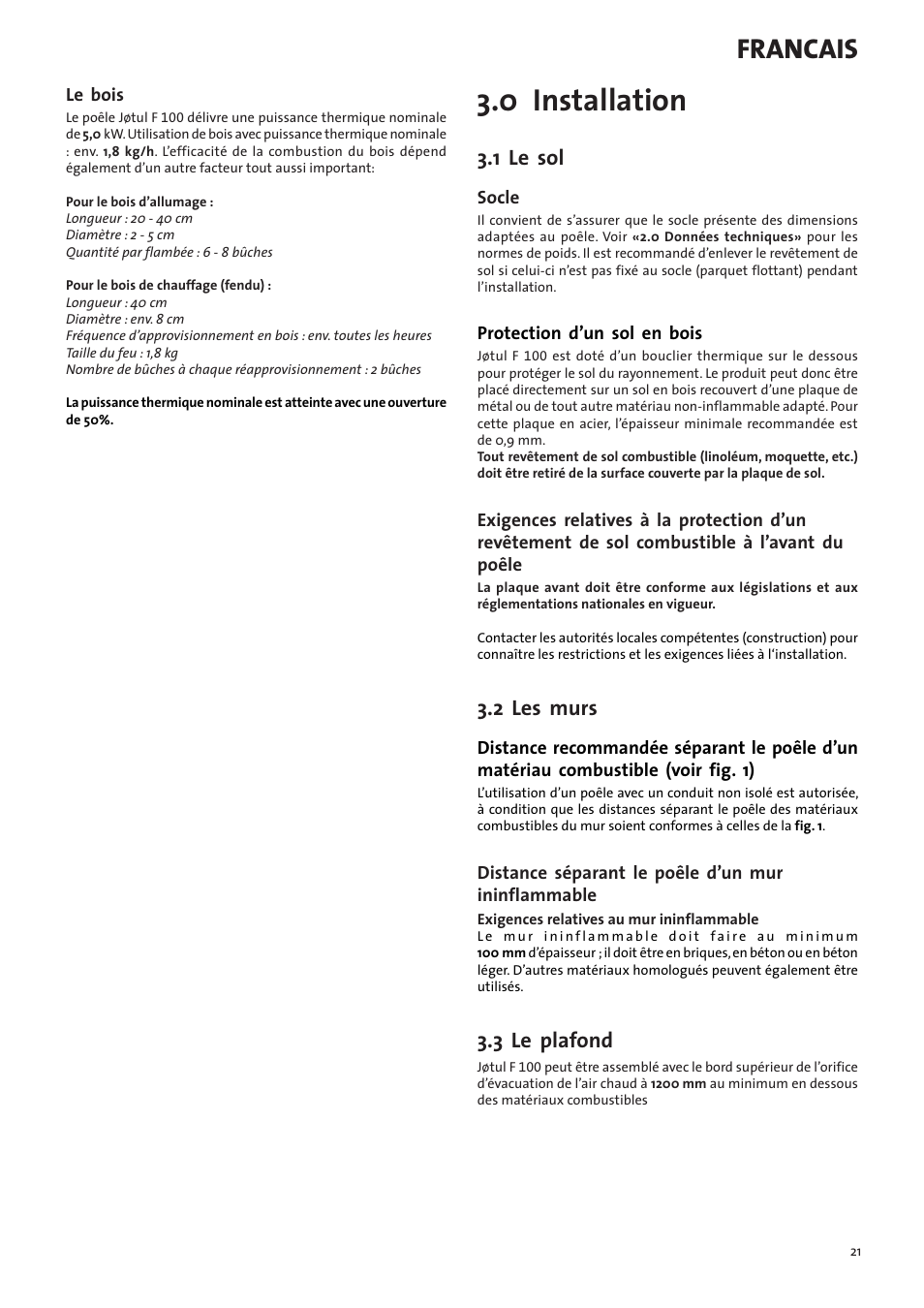 0 installation, Francais, 1 le sol | 2 les murs, 3 le plafond | Jotul F100 User Manual | Page 21 / 44
