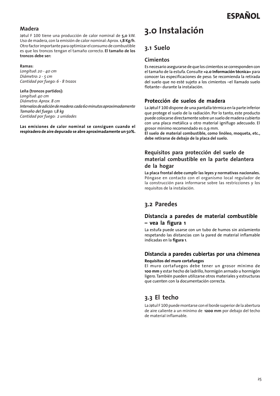 0 instalación, Español, 1 suelo | 2 paredes, 3 el techo | Jotul F100 User Manual | Page 25 / 44