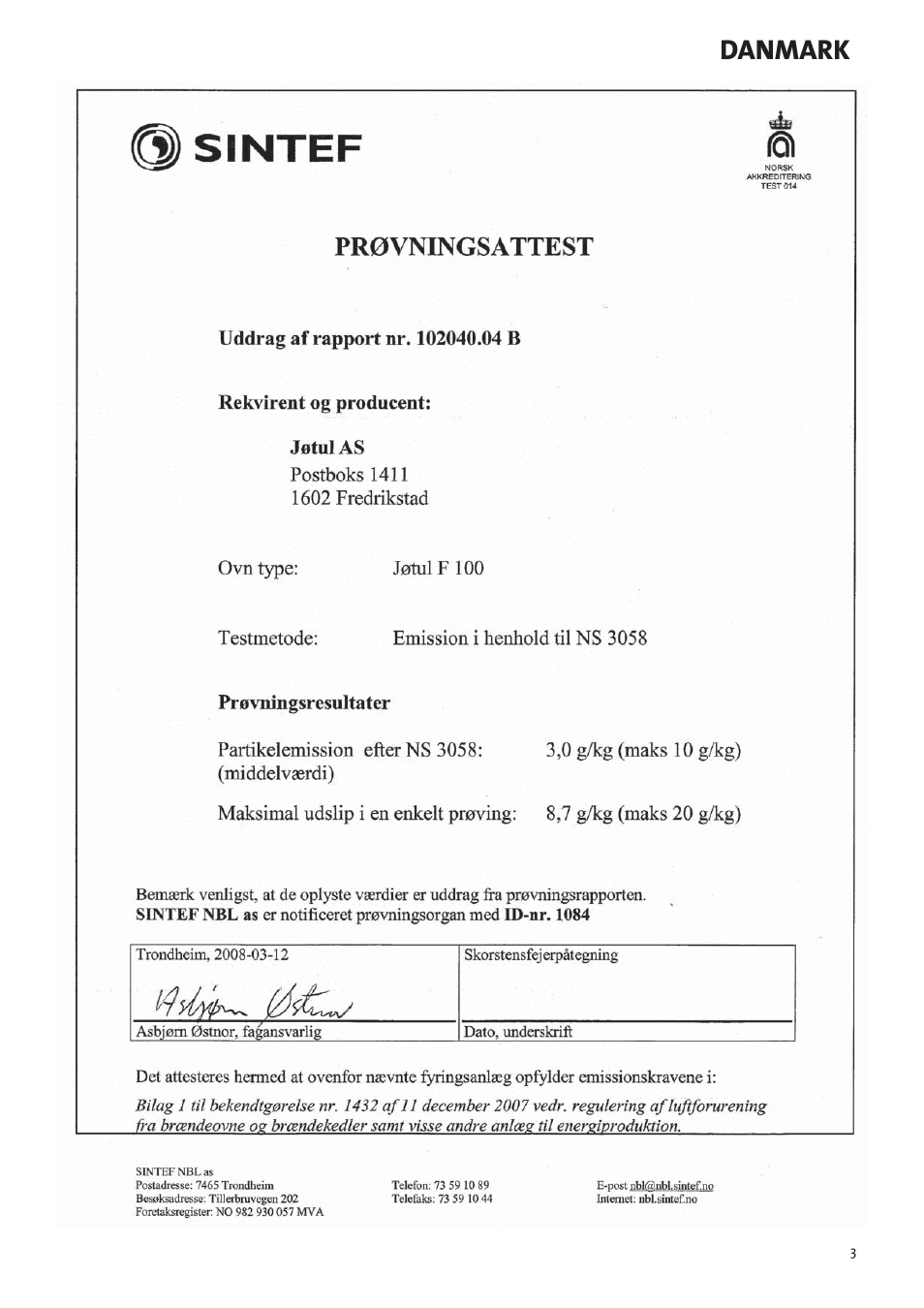 No/dk, Installasjonsmanual med tekniske data, Danmark | Jotul F100 User Manual | Page 3 / 44