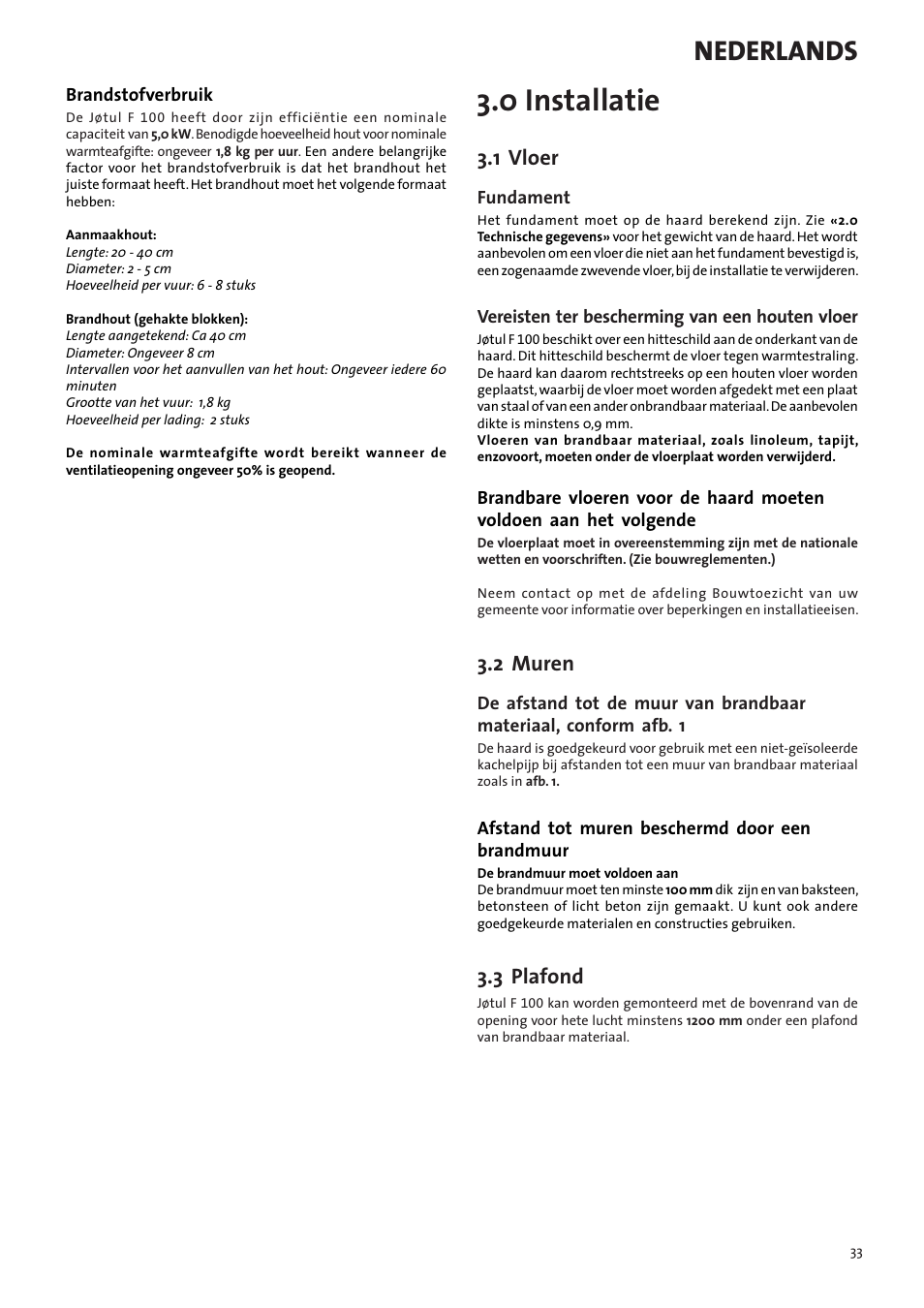 0 installatie, Nederlands, 1 vloer | 2 muren, 3 plafond | Jotul F100 User Manual | Page 33 / 44