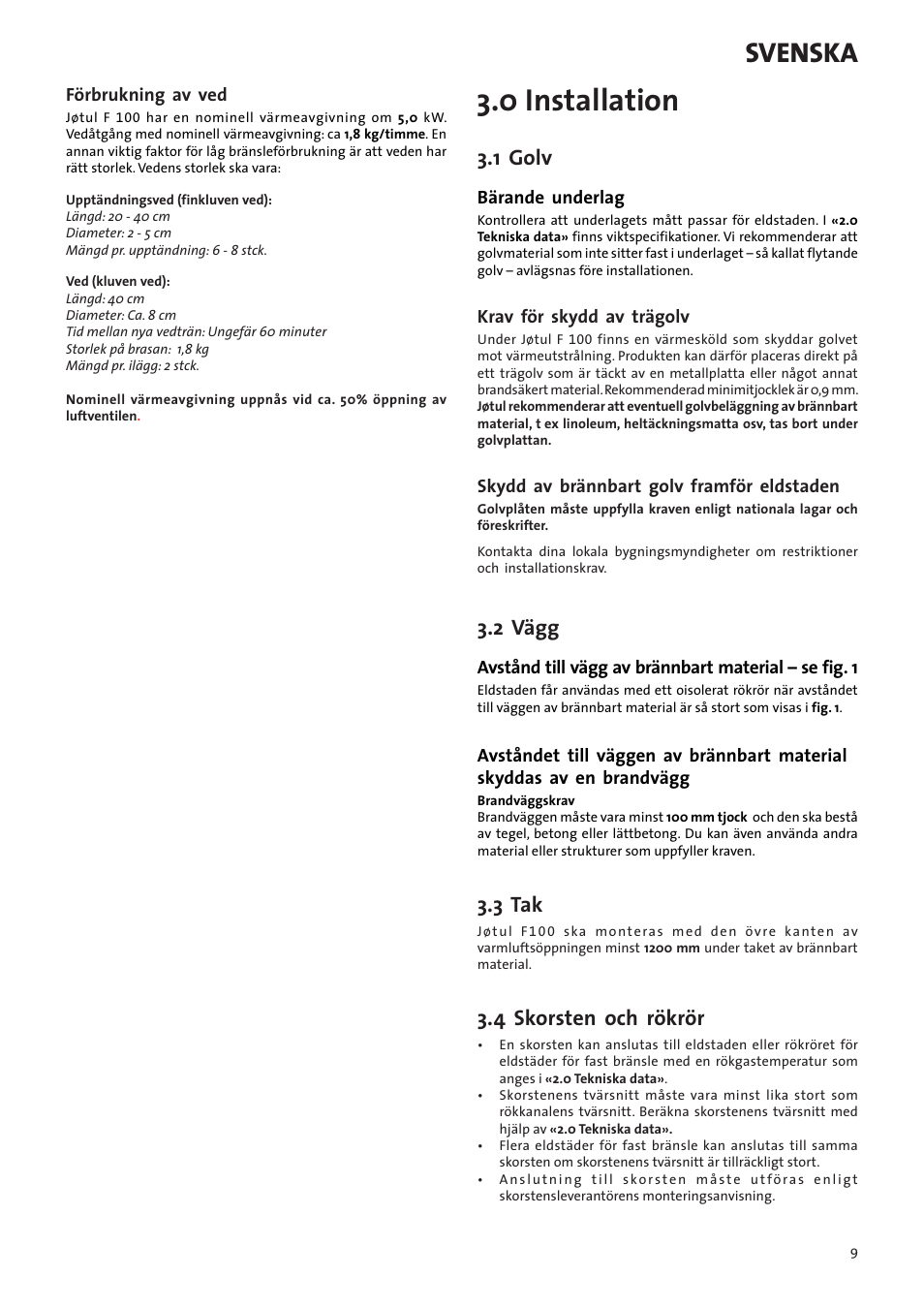 0 installation, Svenska, 1 golv | 2 vägg, 3 tak, 4 skorsten och rökrör | Jotul F100 User Manual | Page 9 / 44