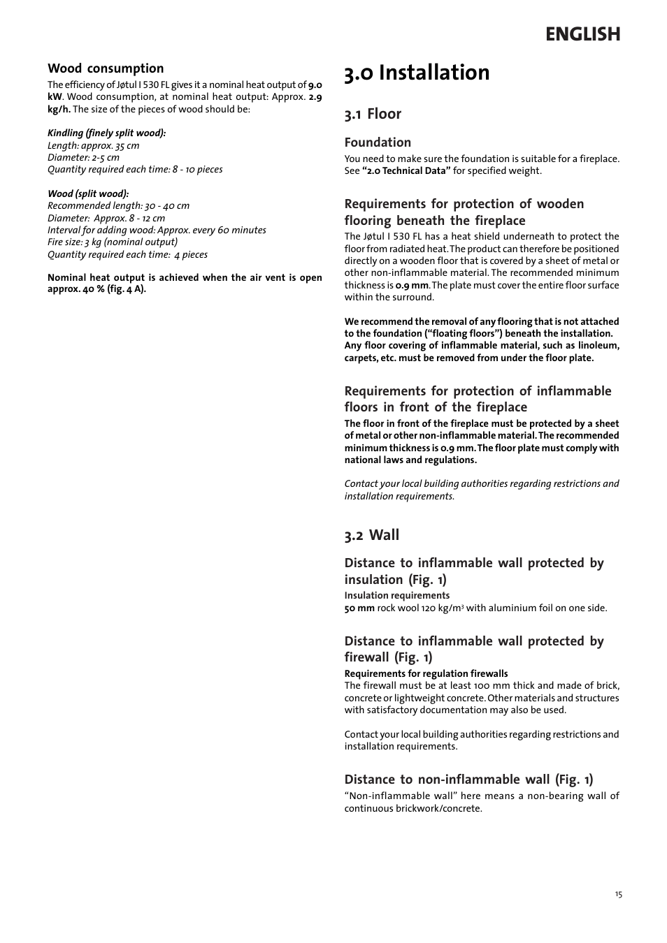 0 installation, English, 1 floor | 2 wall | Jotul I530FL User Manual | Page 15 / 48