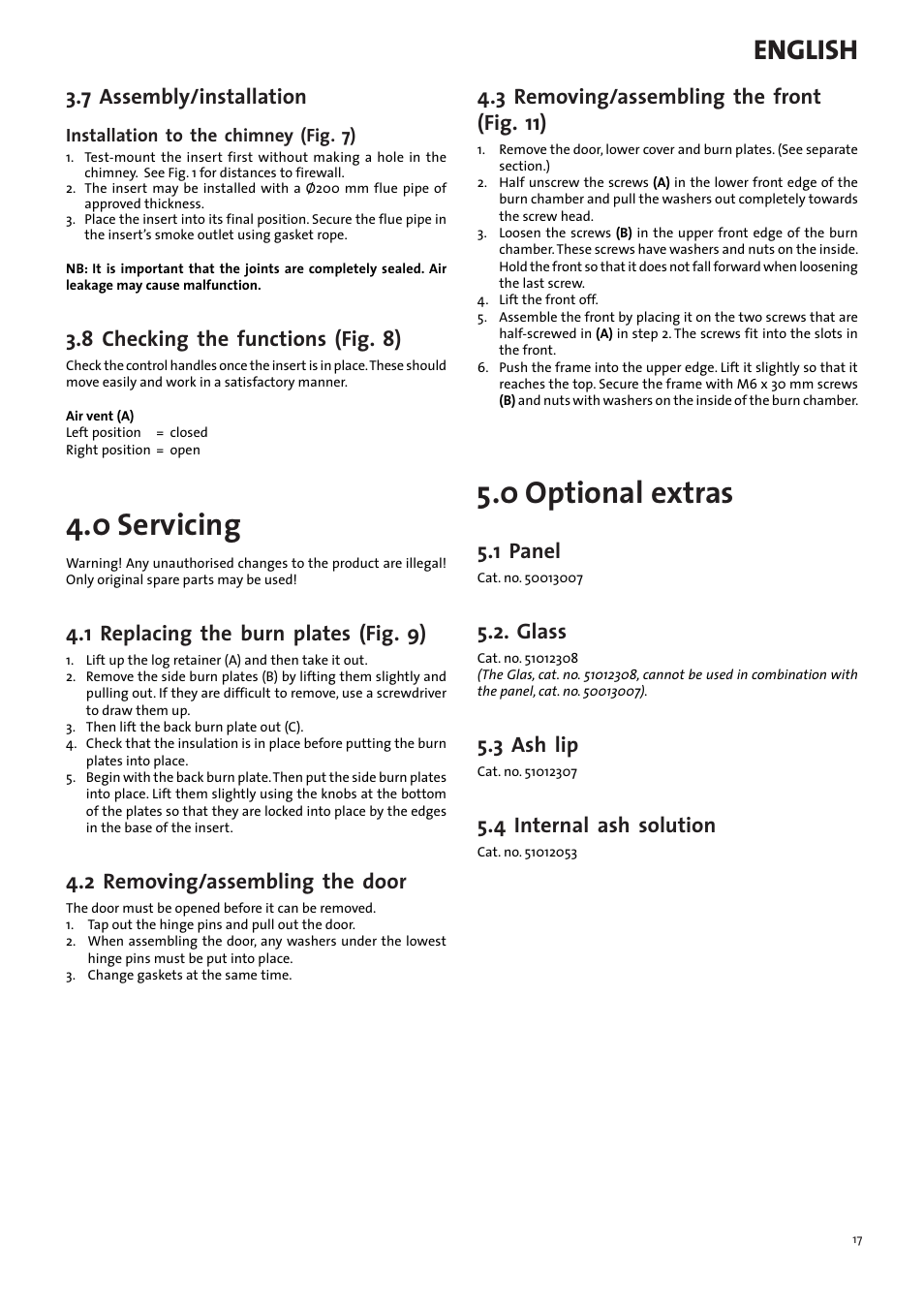 0 servicing, 0 optional extras, English | 7 assembly/installation, 8 checking the functions (fig. 8), 1 replacing the burn plates (fig. 9), 2 removing/assembling the door, 3 removing/assembling the front (fig. 11), 1 panel, Glass | Jotul I530FL User Manual | Page 17 / 48