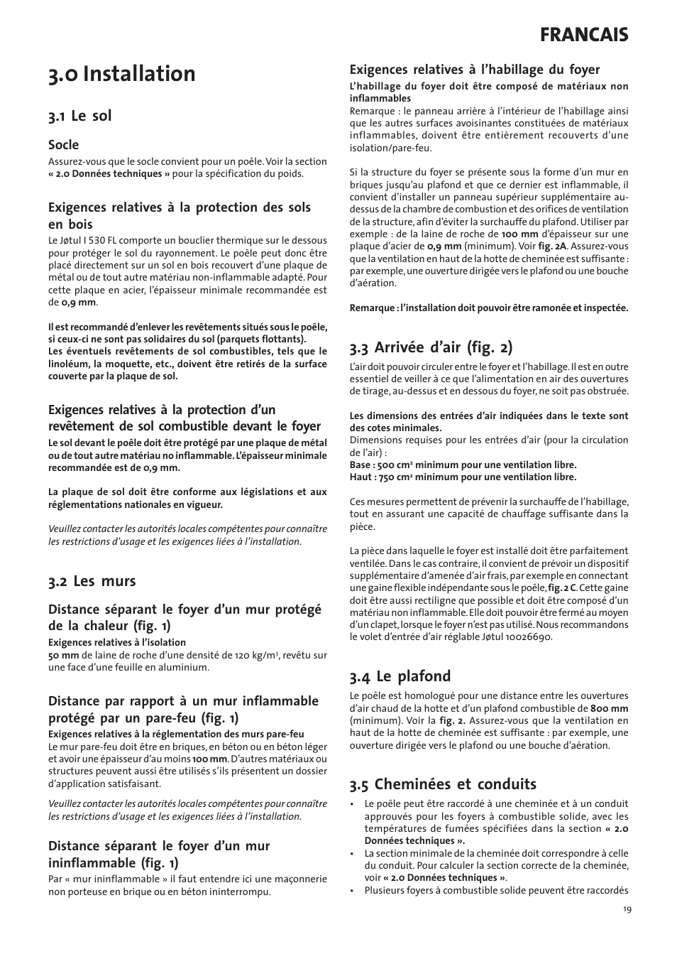 0 installation, Francais, 1 le sol | 2 les murs, 3 arrivée d’air (fig. 2), 4 le plafond, 5 cheminées et conduits | Jotul I530FL User Manual | Page 19 / 48