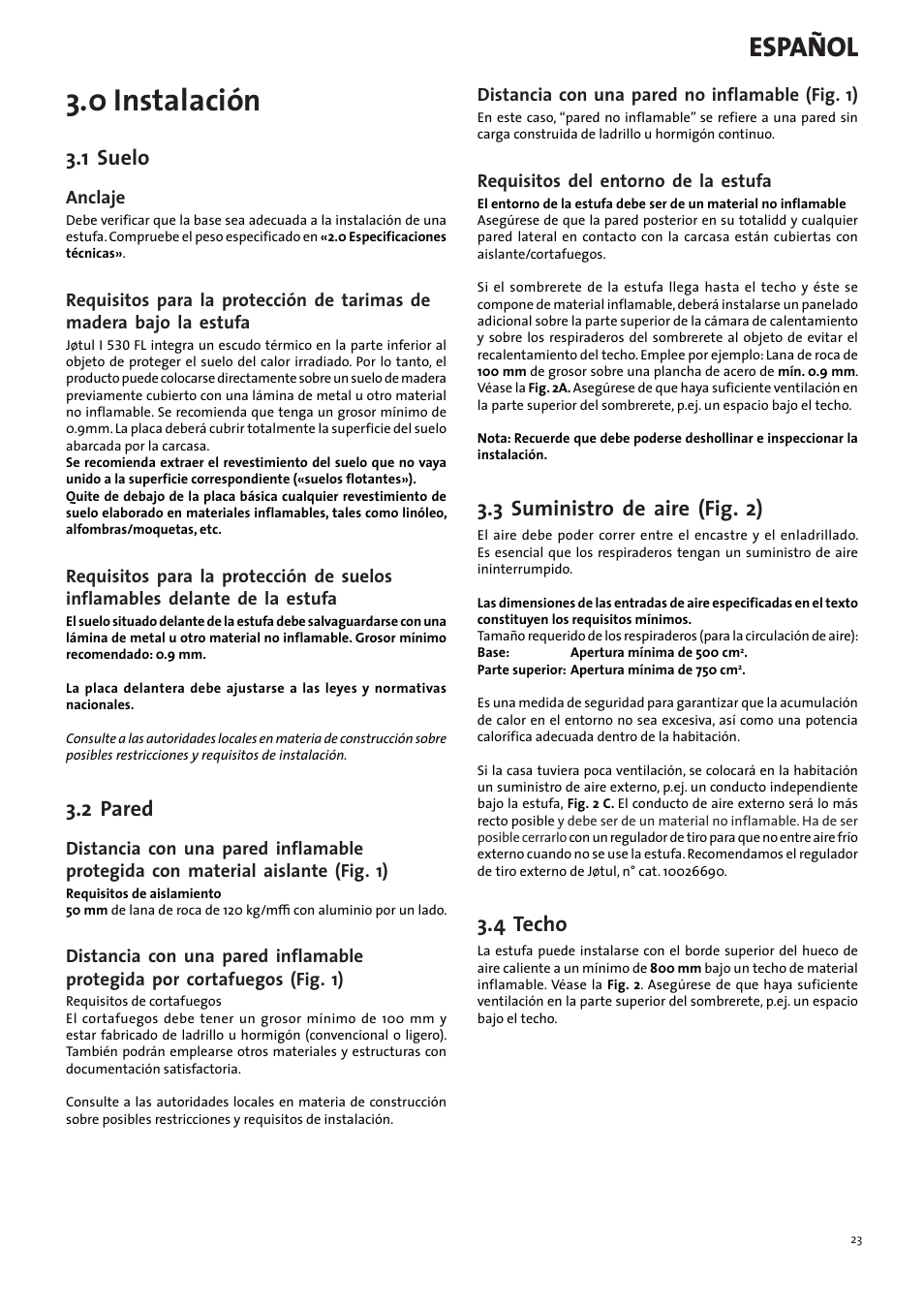 0 instalación, Español, 1 suelo | 2 pared, 3 suministro de aire (fig. 2), 4 techo | Jotul I530FL User Manual | Page 23 / 48