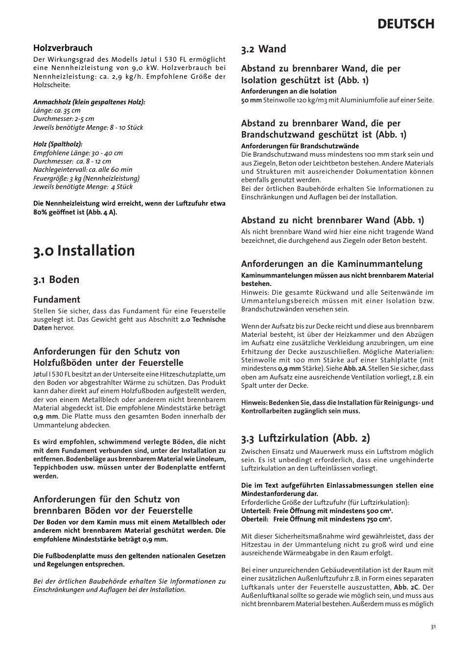 0 installation, Deutsch, 1 boden | 2 wand, 3 luftzirkulation (abb. 2) | Jotul I530FL User Manual | Page 31 / 48