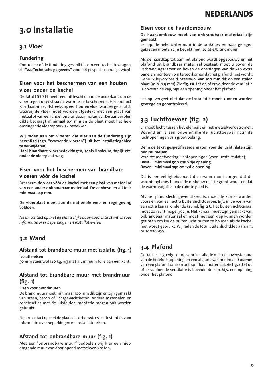 0 installatie, Nederlands, 1 vloer | 2 wand, 3 luchttoevoer (fig. 2), 4 plafond | Jotul I530FL User Manual | Page 35 / 48