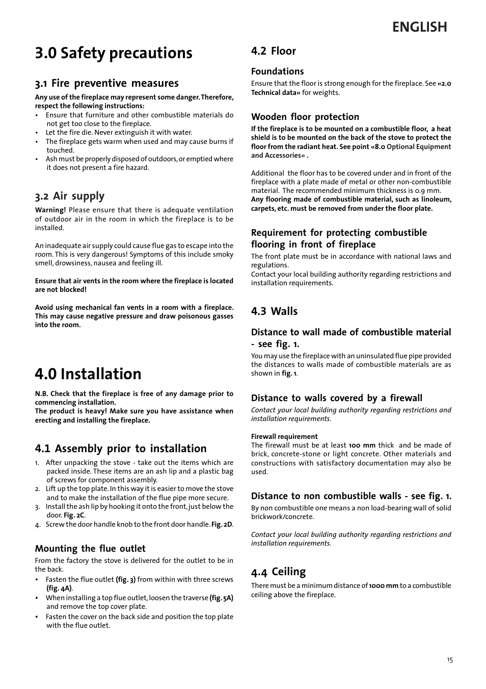 0 safety precautions, 0 installation, English | 1 fire preventive measures, 2 air supply, 1 assembly prior to installation, 2 floor, 3 walls, 4 ceiling | Jotul F3 TD User Manual | Page 15 / 68