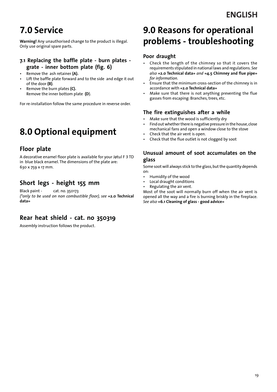 0 service, 0 optional equipment, English | Floor plate, Short legs - height 155 mm | Jotul F3 TD User Manual | Page 19 / 68