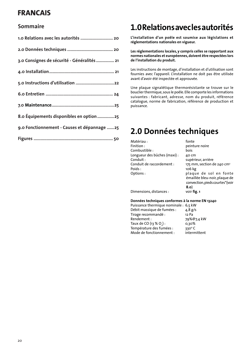 Manuel d’installation et d’utilisation, 0 relations avec les autorités, 0 données techniques | Francais, Sommaire | Jotul F3 TD User Manual | Page 20 / 68