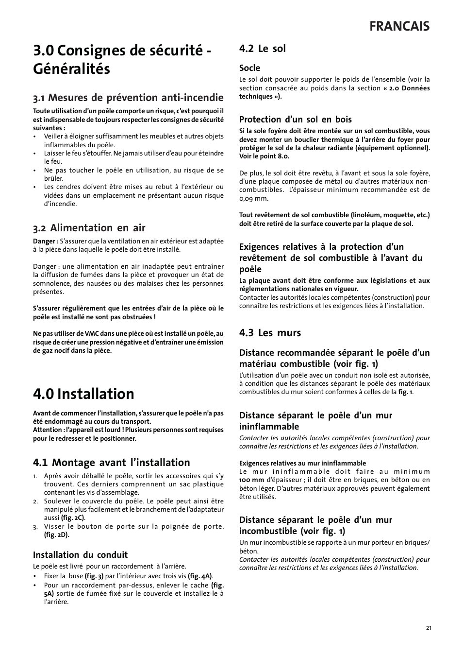 0 consignes de sécurité - généralités, 0 installation, Francais | 1 mesures de prévention anti-incendie, 2 alimentation en air, 1 montage avant l’installation, 2 le sol, 3 les murs | Jotul F3 TD User Manual | Page 21 / 68