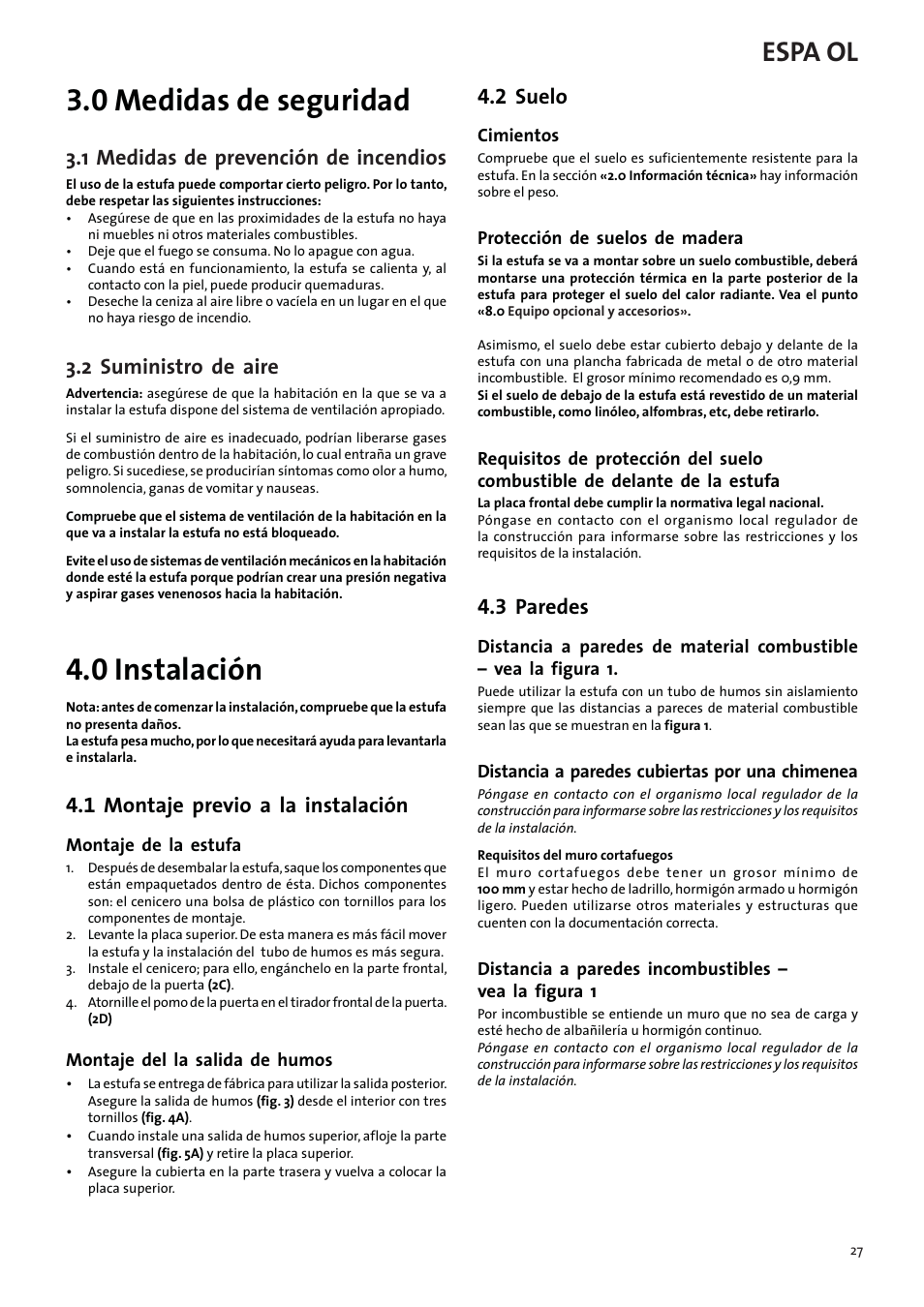 0 medidas de seguridad, 0 instalación, Espa ol | 1 medidas de prevención de incendios, 2 suministro de aire, 1 montaje previo a la instalación, 2 suelo, 3 paredes | Jotul F3 TD User Manual | Page 27 / 68