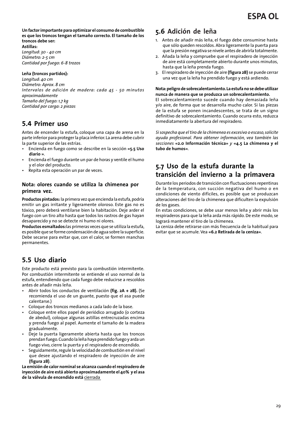 Espa ol, 4 primer uso, 5 uso diario | 6 adición de leña | Jotul F3 TD User Manual | Page 29 / 68