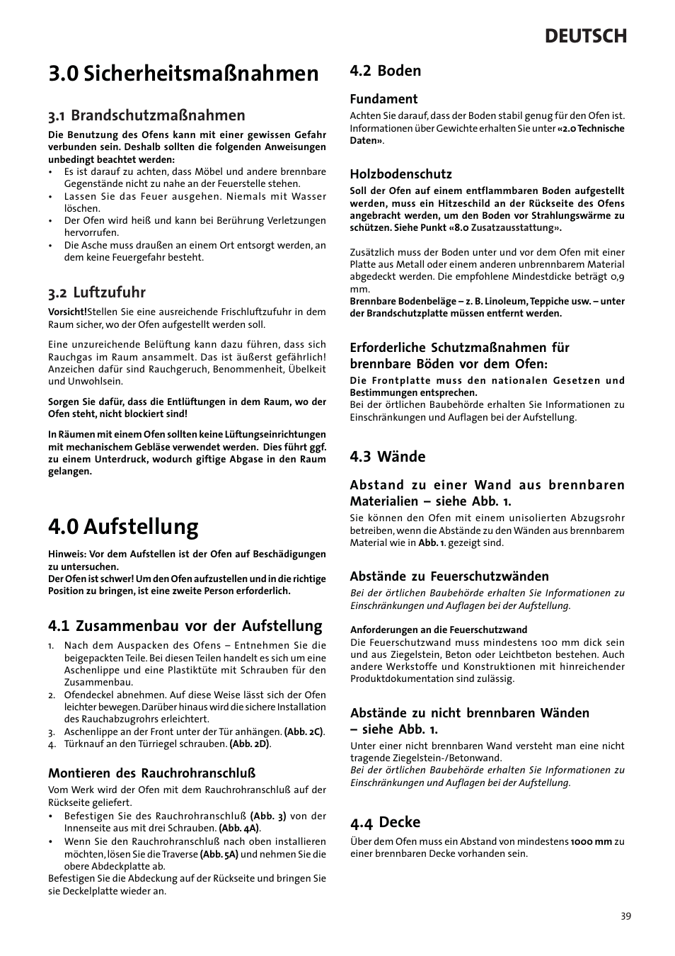 0 sicherheitsmaßnahmen, 0 aufstellung, Deutsch | 1 brandschutzmaßnahmen, 2 luftzufuhr, 1 zusammenbau vor der aufstellung, 2 boden, 3 wände, 4 decke | Jotul F3 TD User Manual | Page 39 / 68