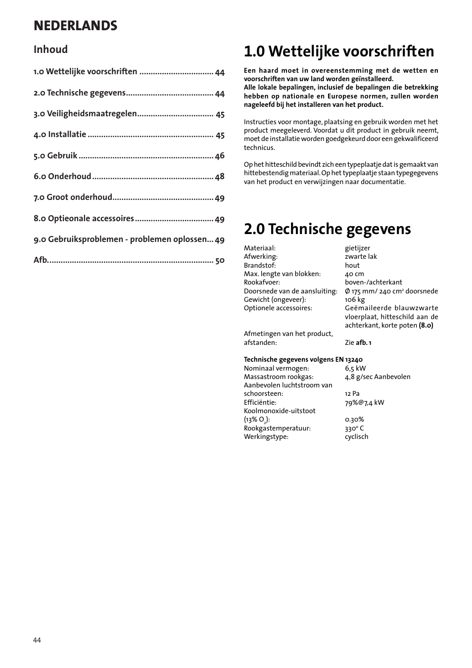Installatie- en montagehandleiding, 0 wettelijke voorschriften, 0 technische gegevens | Nederlands, Inhoud | Jotul F3 TD User Manual | Page 44 / 68