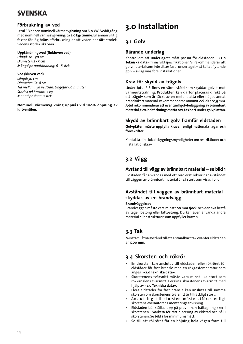 0 installation, Svenska, 1 golv | 2 vägg, 3 tak, 4 skorsten och rökrör | Jotul F3 User Manual | Page 14 / 56