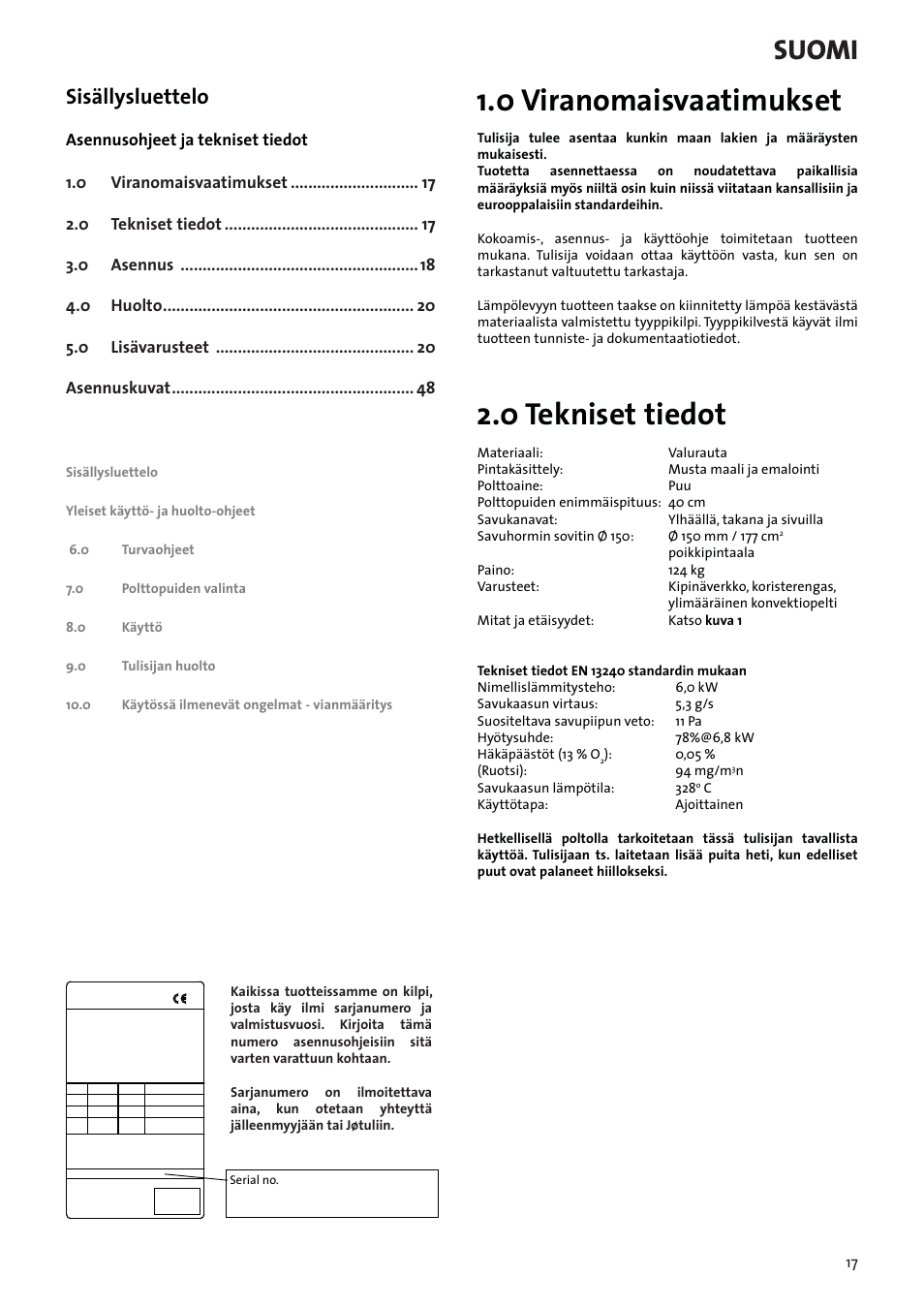 Asennusohjeet ja tekniset tiedot, 0 viranomaisvaatimukset, 0 tekniset tiedot | Suomi, Sisällysluettelo | Jotul F3 User Manual | Page 17 / 56