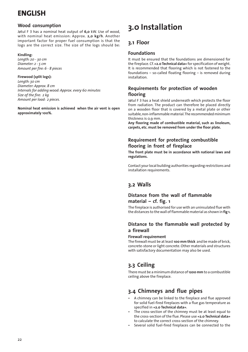 0 installation, English, 1 floor | 2 walls, 3 ceiling, 4 chimneys and flue pipes | Jotul F3 User Manual | Page 22 / 56