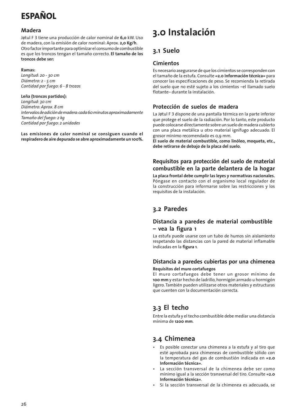 0 instalación, Español, 1 suelo | 2 paredes, 3 el techo, 4 chimenea | Jotul F3 User Manual | Page 26 / 56