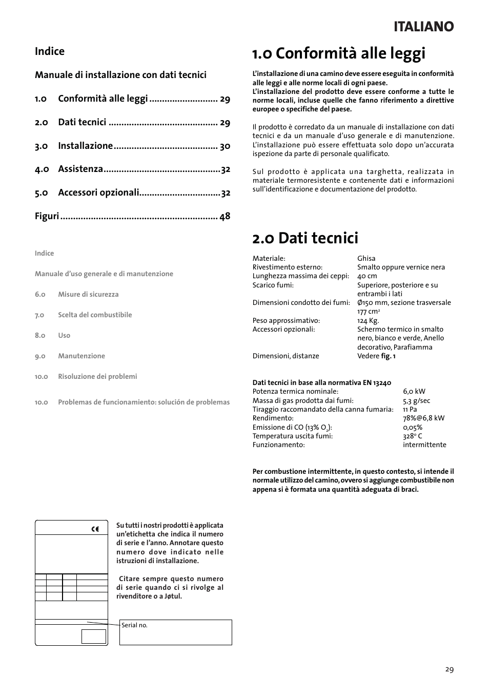 Manuale di installazione con dati tecnici, 0 conformità alle leggi, 0 dati tecnici | Italiano, Indice | Jotul F3 User Manual | Page 29 / 56