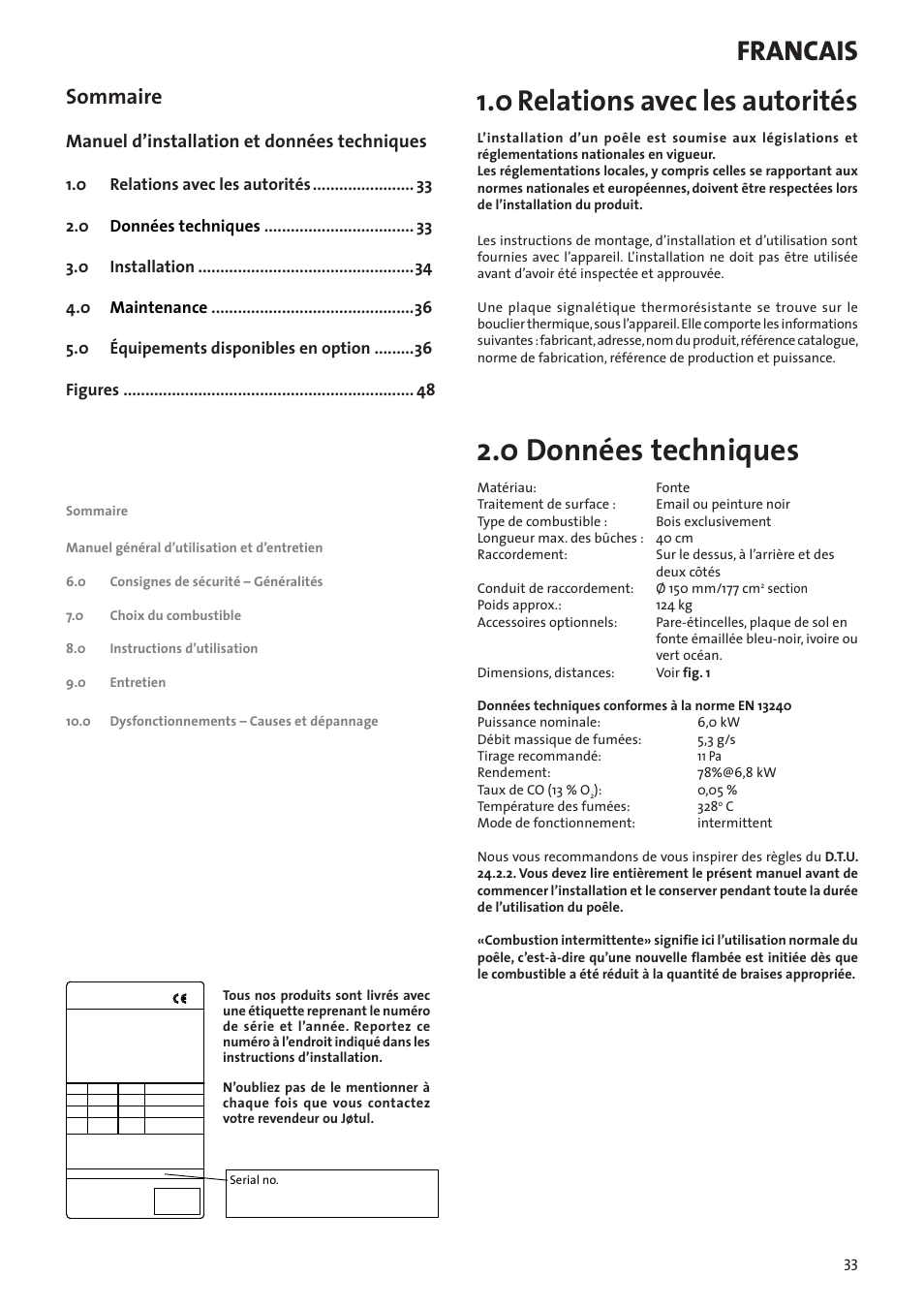 Manuel d’installation et données techniques, 0 données techniques, 0 relations avec les autorités | Francais, Sommaire | Jotul F3 User Manual | Page 33 / 56