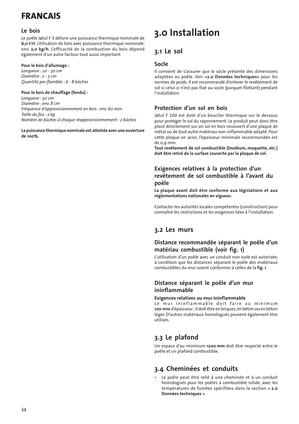 0 installation, Francais, 1 le sol | 2 les murs, 3 le plafond, 4 cheminées et conduits | Jotul F3 User Manual | Page 34 / 56