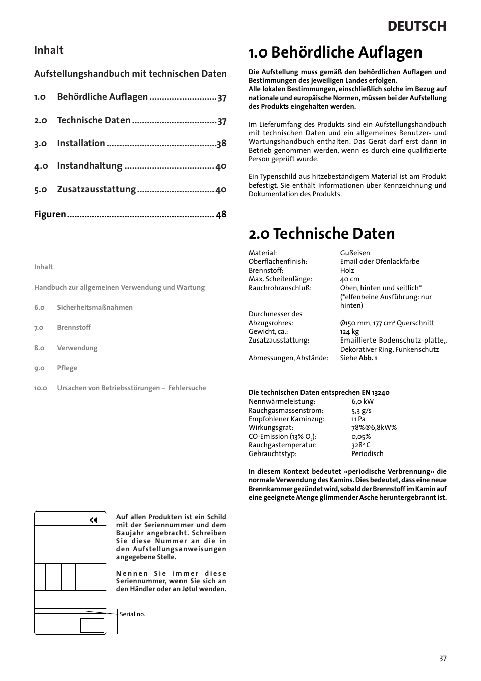 Montageanleitung mit technischen daten, 0 behördliche auflagen, 0 technische daten | Deutsch, Inhalt | Jotul F3 User Manual | Page 37 / 56