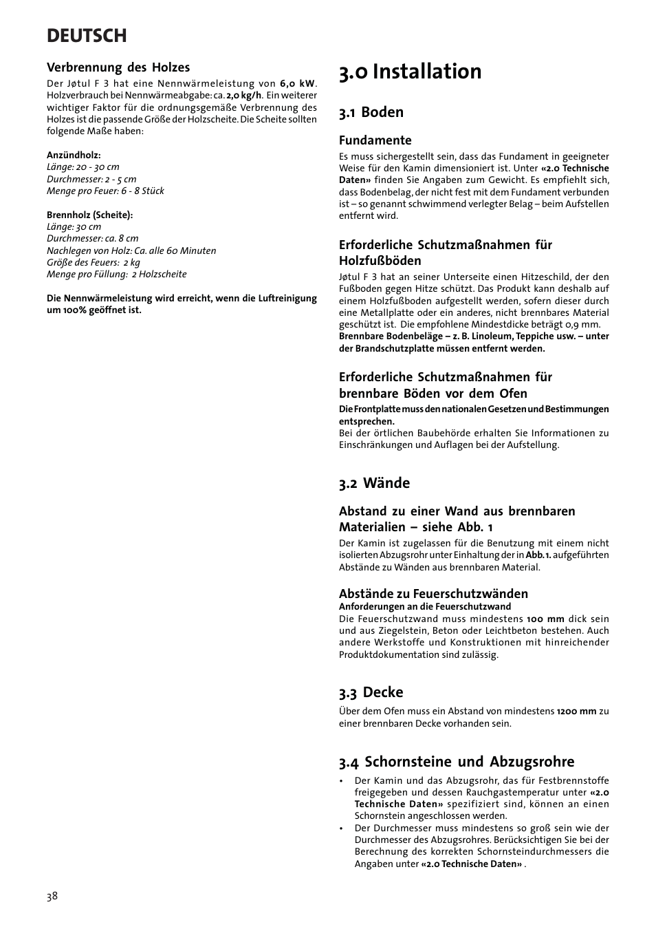 0 installation, Deutsch, 1 boden | 2 wände, 3 decke, 4 schornsteine und abzugsrohre | Jotul F3 User Manual | Page 38 / 56