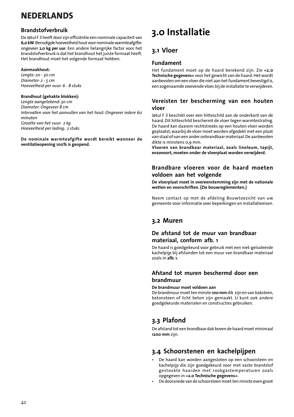 0 installatie, Nederlands, 1 vloer | 2 muren, 3 plafond, 4 schoorstenen en kachelpijpen | Jotul F3 User Manual | Page 42 / 56