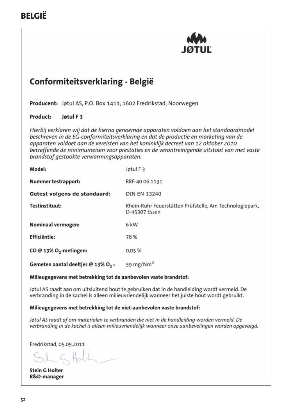 België | Jotul F3 User Manual | Page 52 / 56