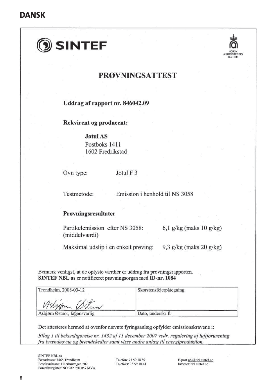 Installationsmanual med tekniske data, Dansk | Jotul F3 User Manual | Page 8 / 56