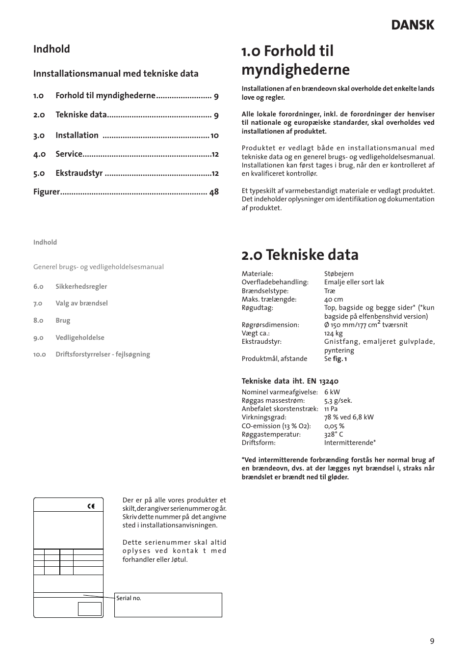 0 forhold til myndighederne, 0 tekniske data, Dansk | Indhold, Innstallationsmanual med tekniske data, Figurer | Jotul F3 User Manual | Page 9 / 56
