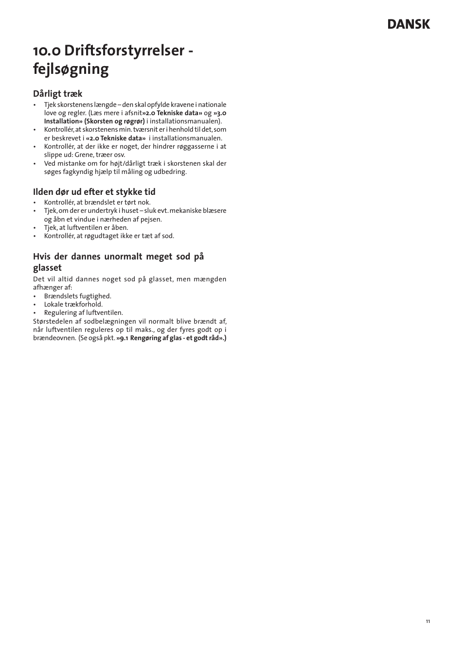 0 driftsforstyrrelser - fejlsøgning, Dansk | Jotul I400 Panorama User Manual | Page 11 / 68