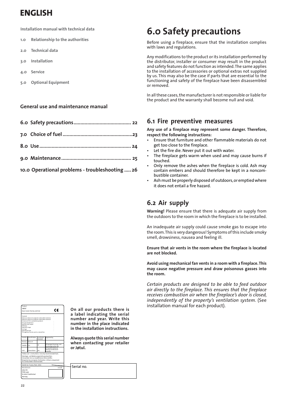 Gb - general information and maintenance manual, 0 safety precautions, English | 1 fire preventive measures, 2 air supply | Jotul I400 Panorama User Manual | Page 22 / 68