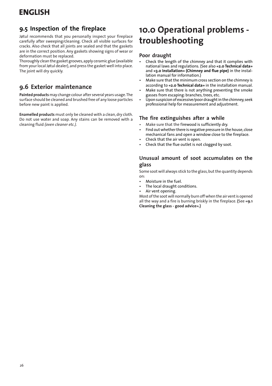 0 operational problems - troubleshooting, English, 5 inspection of the fireplace | 6 exterior maintenance | Jotul I400 Panorama User Manual | Page 26 / 68