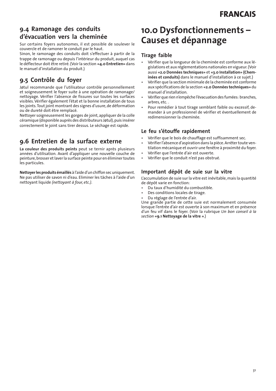 0 dysfonctionnements – causes et dépannage, Francais, 5 contrôle du foyer | 6 entretien de la surface externe | Jotul I400 Panorama User Manual | Page 31 / 68