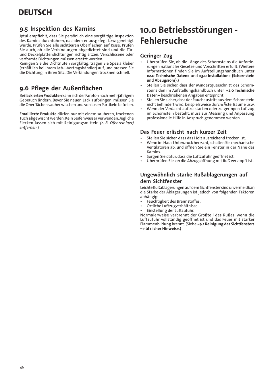 0 betriebsstörungen - fehlersuche, Deutsch, 5 inspektion des kamins | 6 pflege der außenflächen | Jotul I400 Panorama User Manual | Page 46 / 68