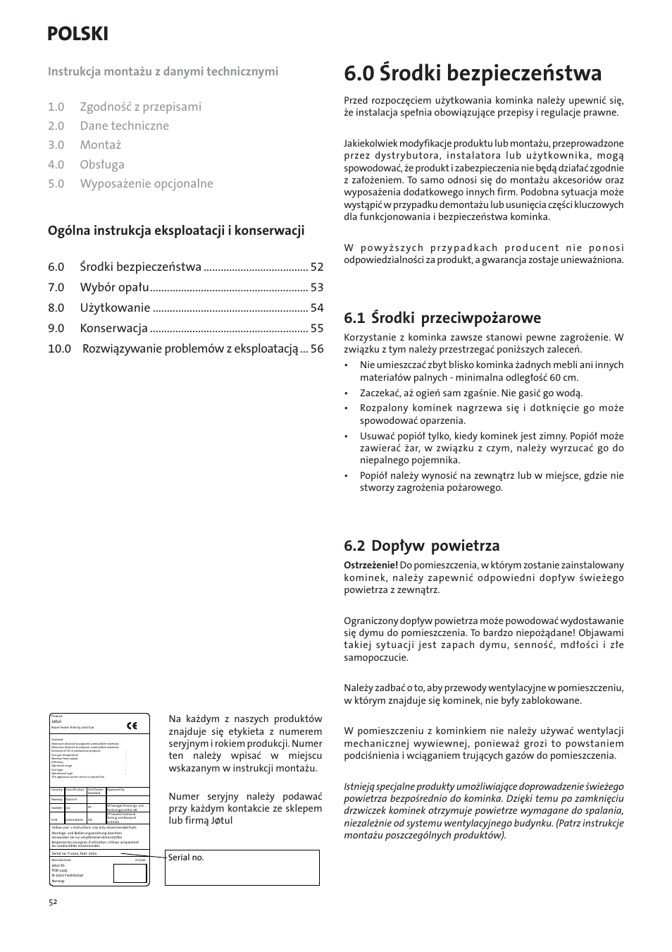 Pl - instrukcja ogólna użytkowania i obsługi, 0 środki bezpieczeństwa, Polski | 1 środki przeciwpożarowe, 2 dopływ powietrza, Ogólna instrukcja eksploatacji i konserwacji | Jotul I400 Panorama User Manual | Page 52 / 68