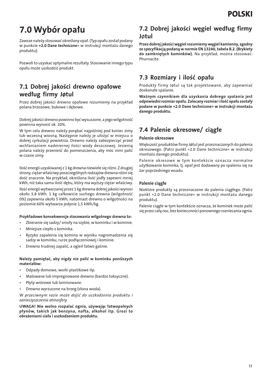 0 wybór opału, Polski, 2 dobrej jakości węgiel według firmy j ø tul | 3 rozmiary i ilość opału, 4 palenie okresowe/ ciągłe | Jotul I400 Panorama User Manual | Page 53 / 68